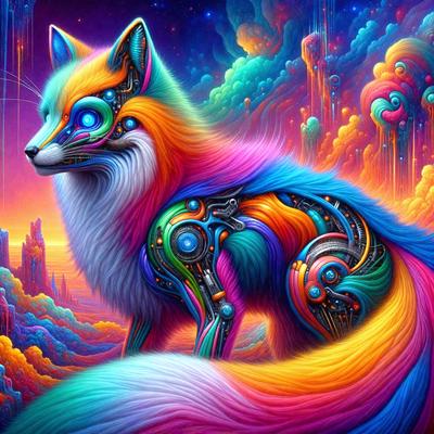 The primary subject of the image is a colorful, rainbow-colored fox with a mix of pink, orange, and blue fur. The fox is sitting in a vibrant, colorful environment, which includes a backdrop of a rainbow and a sky filled with clouds. The visual style of the image is digital art, as it appears to be a painting or drawing created using digital tools. The colors and mood of the image are lively and cheerful, with the bright colors and the fox'